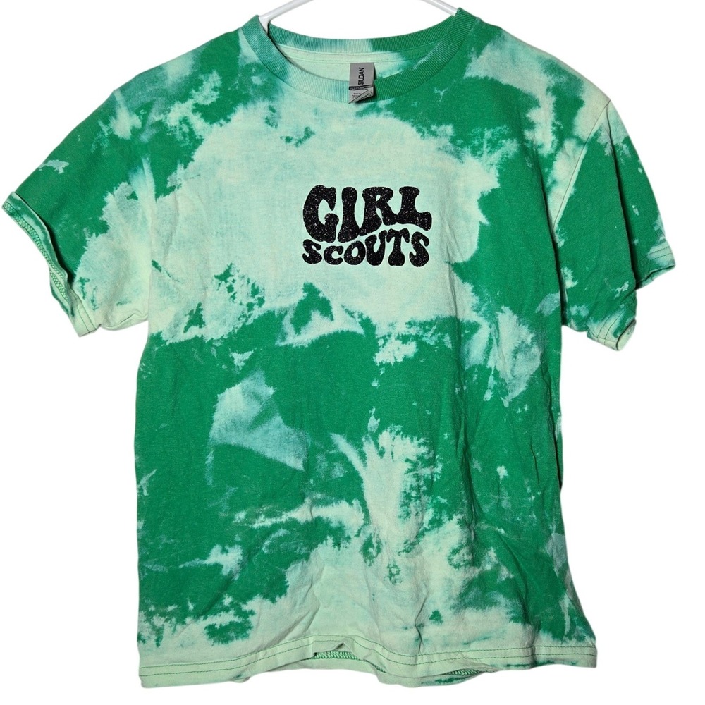 Girl Scouts Kids Green Tie Dye Glitter Graphic T-Shirt Youth Medium Groovy Camp
